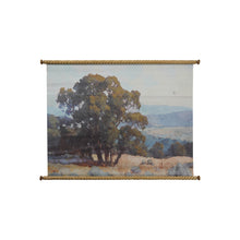 Load image into Gallery viewer, Landscape painting on canvas scroll with twisted rope wooden dowels showing trees and mountains