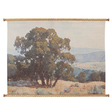 Load image into Gallery viewer, Wooden scroll wall decor featuring painted landscape with large tree and rolling hills