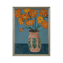 Load image into Gallery viewer, Framed canvas wall art featuring orange gerbera daisies in decorative pink vase with green leaf pattern