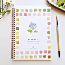 Load image into Gallery viewer, Spiral-bound watercolor workbook with flower painting and color palette swatches by Emily Lex Studio