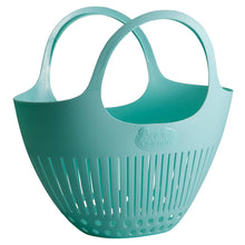 Load image into Gallery viewer, Teal plastic garden colander with dual handles and drainage holes for harvesting produce
