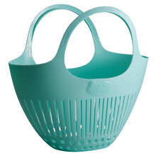 Load image into Gallery viewer, Teal plastic garden colander with dual handles and drainage slits for harvesting vegetables