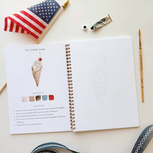 Load image into Gallery viewer, Americana watercolor workbook with ice cream cone tutorial, paintbrush, and American flag