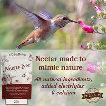 Load image into Gallery viewer, Nectarlyte hummingbird nectar powder concentrate package with hummingbird feeding on pink flowers