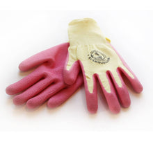 Load image into Gallery viewer, Pink and yellow gardening gloves with textured grip coating for weeding tasks