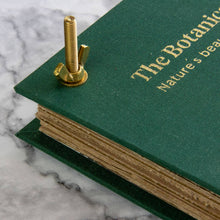 Load image into Gallery viewer, Green linen botanical flower press with gold foil lettering and brass binding screw