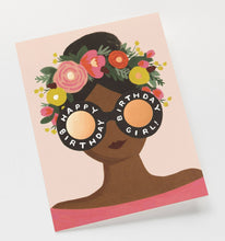 Load image into Gallery viewer, Birthday greeting card featuring woman with floral crown and sunglasses on pink background