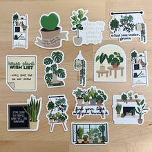 Load image into Gallery viewer, Collection of plant-themed decorative stickers with houseplants, inspirational quotes, and botanical designs on wood surface