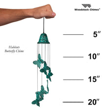 Load image into Gallery viewer, Woodstock Habitats Butterfly Chime with green patina bell and decorative butterflies hanging 20 inches long