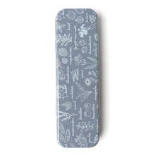 Load image into Gallery viewer, Gray rectangular plant labeling tin case with white botanical illustrations and text patterns