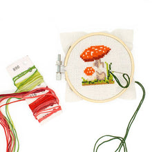 Load image into Gallery viewer, Mini cross stitch embroidery kit with mushroom design in wooden hoop and colored threads