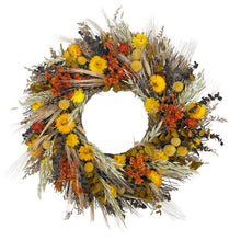 Load image into Gallery viewer, Dried floral harvest wreath featuring yellow daisies, orange blooms, wheat stalks, and eucalyptus