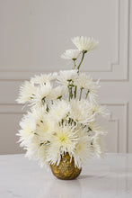 Load image into Gallery viewer, Small ornate brass vase filled with white spider chrysanthemums on marble surface