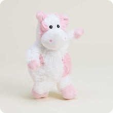 Load image into Gallery viewer, Pink and white plush cow stuffed animal with soft fuzzy texture standing upright