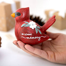 Load image into Gallery viewer, Red cardinal memorial figurine with 'In Loving Memory' text and white flower decoration held in hands