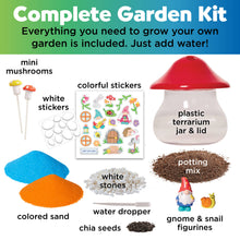 Load image into Gallery viewer, Complete terrarium garden kit with mushroom jar, colored sand, stickers, and miniature figurines