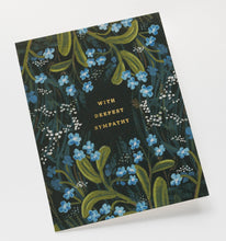 Load image into Gallery viewer, Sympathy greeting card with dark floral pattern featuring blue flowers and green foliage