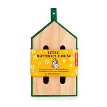 Load image into Gallery viewer, Wooden butterfly house with green trim and yellow packaging label showing product details