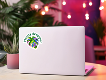 Load image into Gallery viewer, Plantydropper colorful leaf logo sticker on white laptop with pink plants background