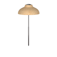 Load image into Gallery viewer, Mushroom-shaped solar garden light with natural wood dome shade and metal spike stake