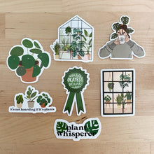 Load image into Gallery viewer, Collection of plant-themed vinyl stickers featuring greenhouse, houseplants, and gardening humor sayings