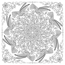 Load image into Gallery viewer, Intricate black and white bird mandala coloring page with hummingbirds and floral patterns