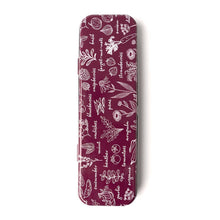 Load image into Gallery viewer, Burgundy rectangular tin case with white botanical illustrations and plant names pattern