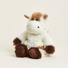 Load image into Gallery viewer, Plush cow stuffed animal toy with brown and white fur sitting upright