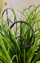 Load image into Gallery viewer, Heart-shaped metal garden stakes with dark bronze finish displayed in green grass plants