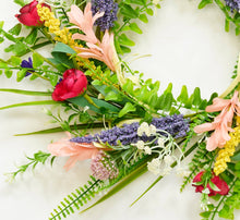 Load image into Gallery viewer, Colorful spring flower wreath with pink lilies, red roses, purple lavender and green ferns