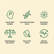 Load image into Gallery viewer, Six green icons showing health benefits: nutrient dense, sulforaphane rich, natural energy, hormonal balance, healthy skin...