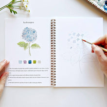 Load image into Gallery viewer, Open watercolor workbook showing hydrangea painting tutorial with step-by-step instructions and color palette