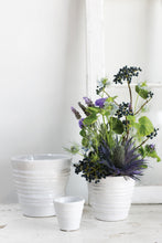 Load image into Gallery viewer, White ribbed ceramic pots in various sizes with wildflower arrangement on wooden surface
