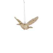 Load image into Gallery viewer, Gold glittered hummingbird ornament with spread wings hanging from silver cord