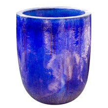 Load image into Gallery viewer, Large glazed ceramic crucible planter in deep cobalt blue with iridescent finish