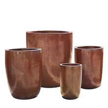 Load image into Gallery viewer, Set of four glazed ceramic Crucible Planters in rust brown tones, varying sizes