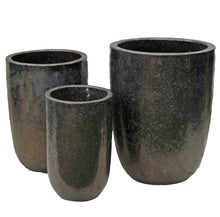 Load image into Gallery viewer, Set of three dark bronze glazed ceramic crucible planters in graduated sizes