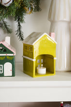 Load image into Gallery viewer, Yellow ceramic house figurine tealight holder with white roof, part of Christmas village collection