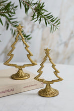 Load image into Gallery viewer, Two gold metal open-frame Christmas tree figurines with star toppers on pedestal bases