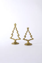 Load image into Gallery viewer, Two gold metal Christmas tree decorative figurines with star toppers on round bases