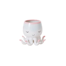 Load image into Gallery viewer, White ceramic octopus planter with pink accents and cute sleepy face expression
