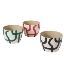 Load image into Gallery viewer, Set of three ceramic Pathway Pots with abstract line patterns in green, red, and black