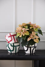 Load image into Gallery viewer, Three white decorative Pathway Pots with bold geometric line patterns in black, green, and red.