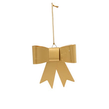 Load image into Gallery viewer, Gold metallic bow-shaped Christmas ornament with hanging string and ribbon tails