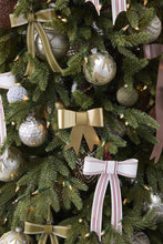 Load image into Gallery viewer, Gold and white striped bow ornaments decorating a lush green Christmas tree with silver ornaments