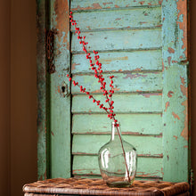 Load image into Gallery viewer, Red ilex berry branches displayed in a clear glass vase against a rustic green door