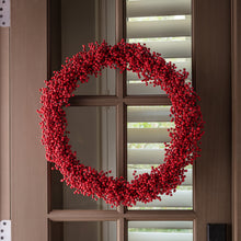 Load image into Gallery viewer, Porch View Forest Ilex 30-inch red berry wreath hanging on a brown front door