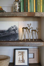 Load image into Gallery viewer, Two gold metal reindeer figurines with antlers displayed on a rustic wooden shelf