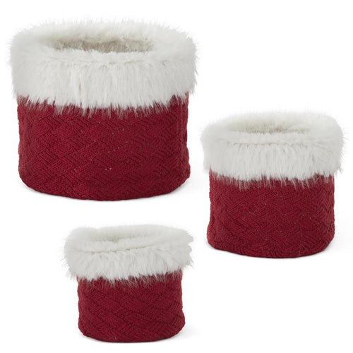 Faux Fur Trimmed Red Knit Nesting Baskets