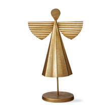 Load image into Gallery viewer, Golden brass angel figurine with striped wings on circular base stand